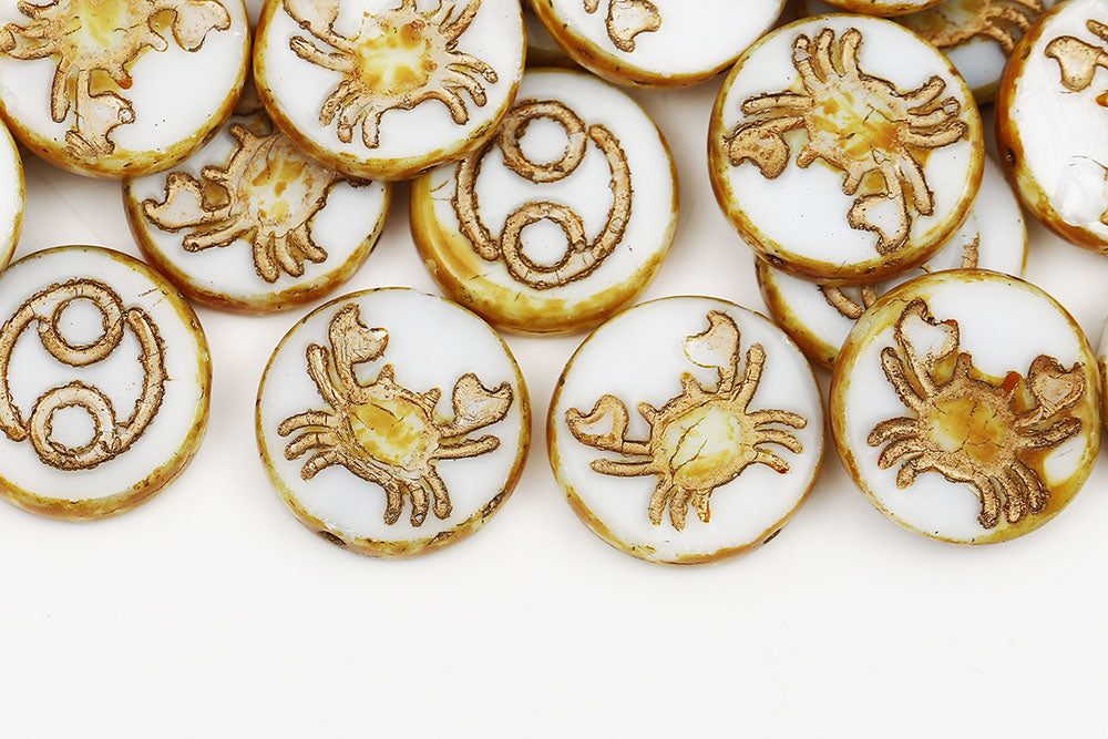 Cancer Coin 18mm White Travertin With Gold 1-Hole Czech Beads