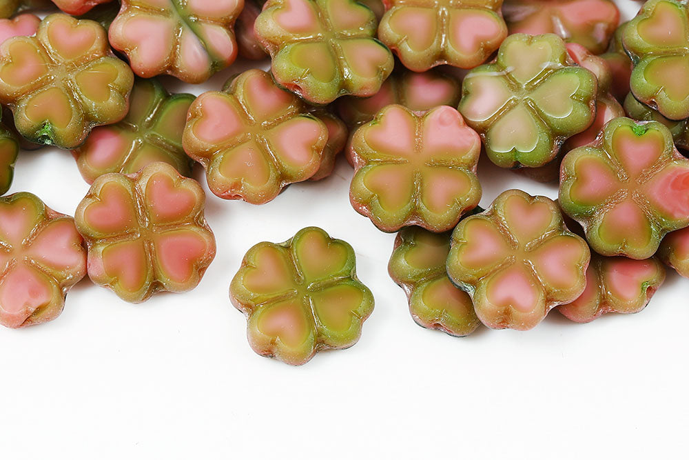 Cloverleaf 15mm Opaque Pink Green Mixed Matt 1-Hole Czech Beads
