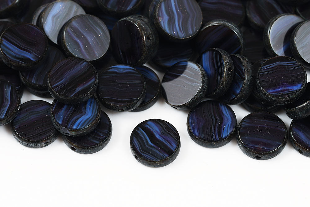 Coins 10mm Black Blue Stripes Travertin 1-Hole Czech Beads