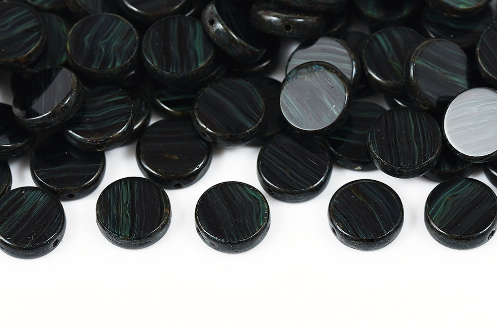 Coins 10mm Black Green Stripes Travertin 1-Hole Czech Beads