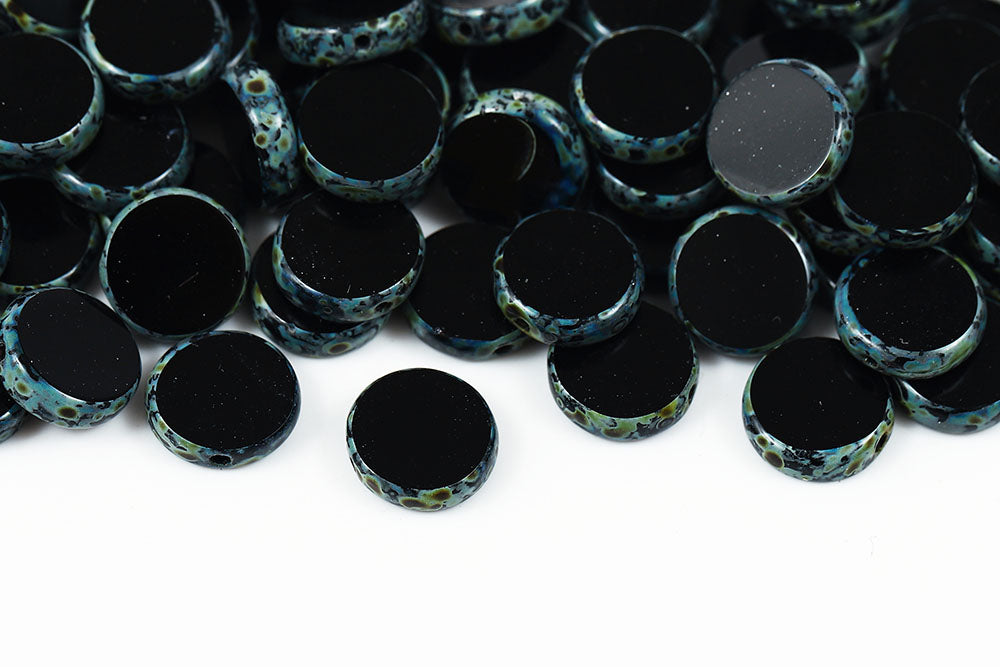 Coins 10mm Black Travertin 1-Hole Czech Beads
