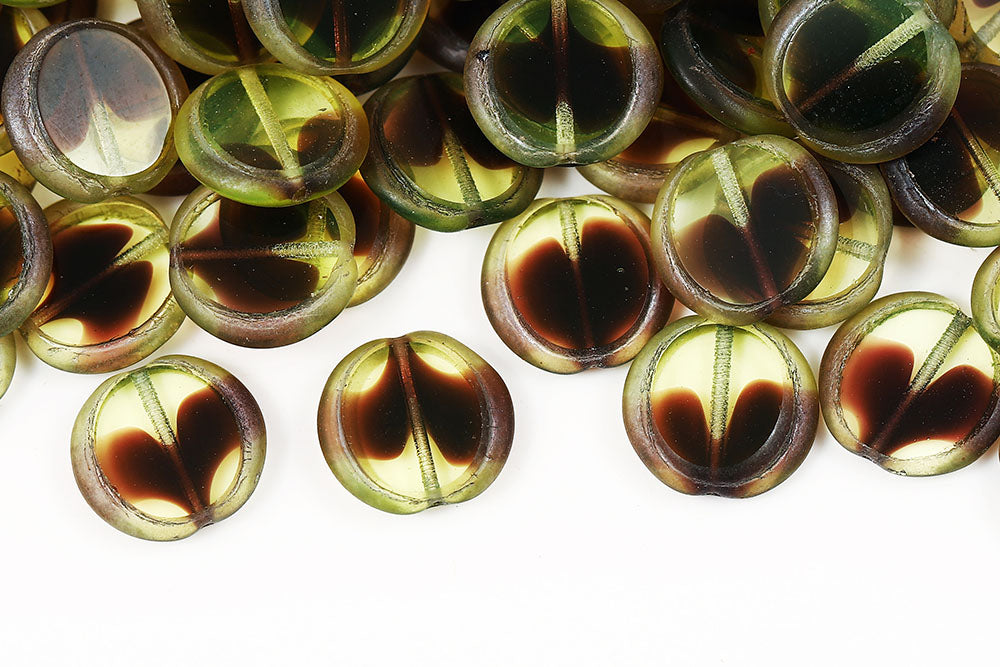 Coins 14mm Green Black Mixed Luster 1-Hole Czech Beads