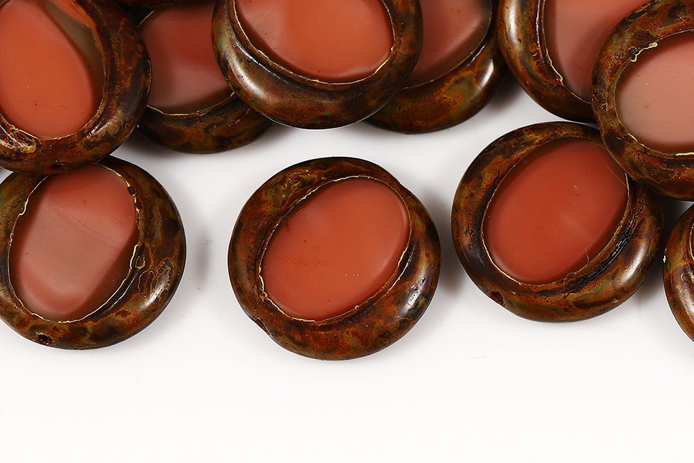 Coins 17mm Silk Dark Peach Travertin 1-Hole Czech Beads
