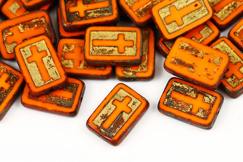 Cross 17×11mm Opaque Orange Travertin With Gold 1-Hole Czech Beads