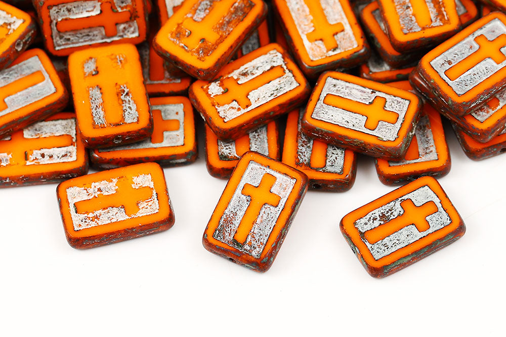 Cross 17×11mm Opaque Orange Travertin With Silver 1-Hole Czech Beads