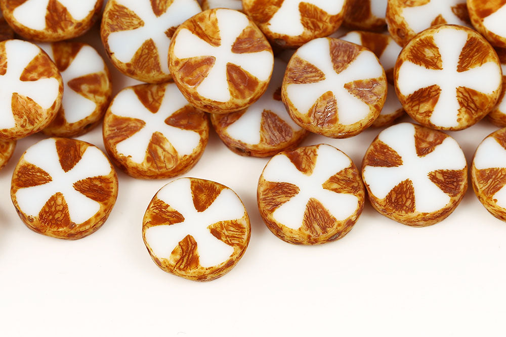 Cross Coins 14mm Chalk Travertin 1-Hole Czech Beads