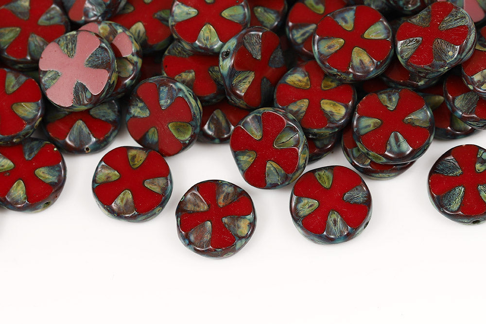 Cross Coins 14mm Opaque Dark Red Travertin 1-Hole Czech Beads