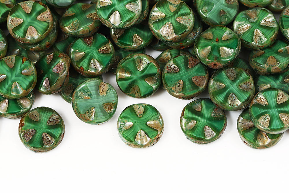 Cross Coins 14mm Silk Emerald Picasso 1-Hole Czech Beads