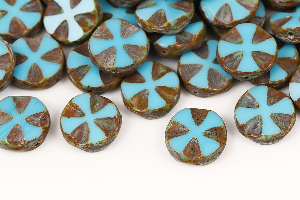 Cross Coins 14mm Turquoise Blue Travertin 1-Hole Czech Beads