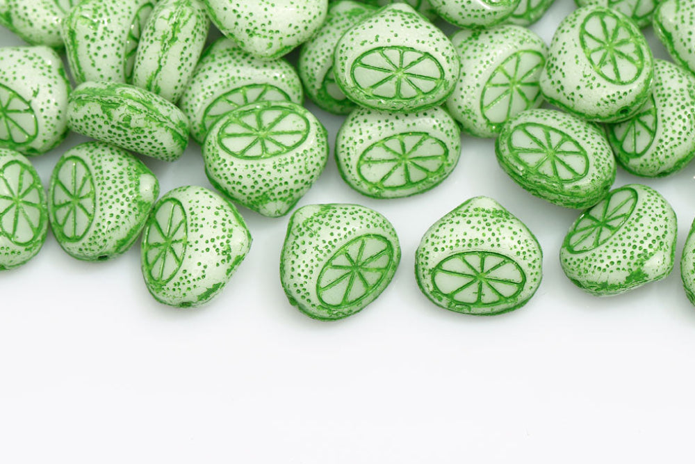 Half Lemon 15mm Chalk With Green 1-Hole Czech Beads