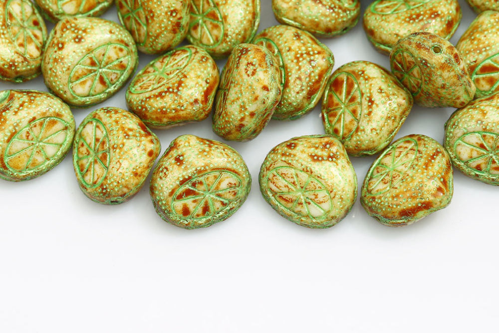 Half Lemon 15mm Chalk Travertin With Metallic Green 1-Hole Czech Beads