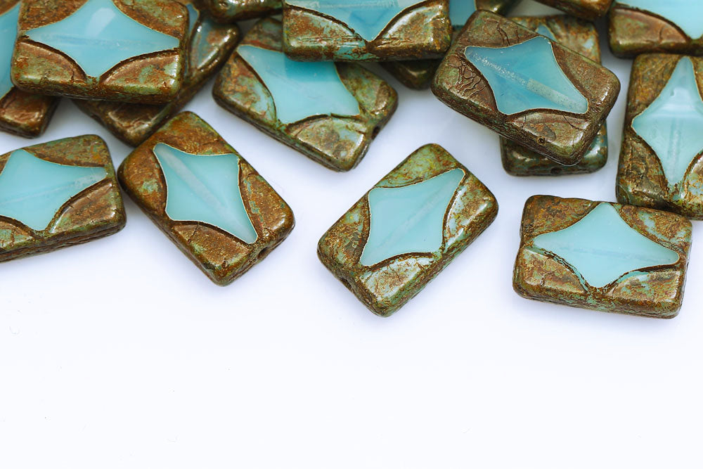 Window Rectangle 17×11mm Opal Aqua Travertin 1-Hole Czech Beads