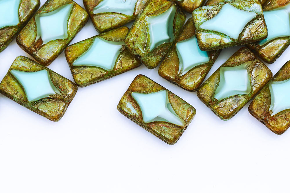 Window Rectangle 17×11mm Silk Aqua Travertin 1-Hole Czech Beads