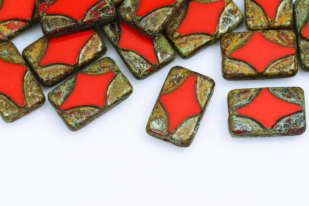 Window Rectangle 17×11mm Red Travertin 1-Hole Czech Beads