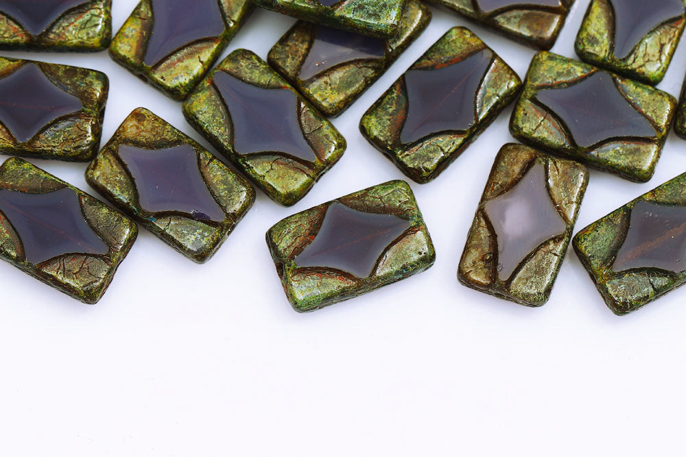 Window Rectangle 17×11mm Opal Purple Travertin 1-Hole Czech Beads