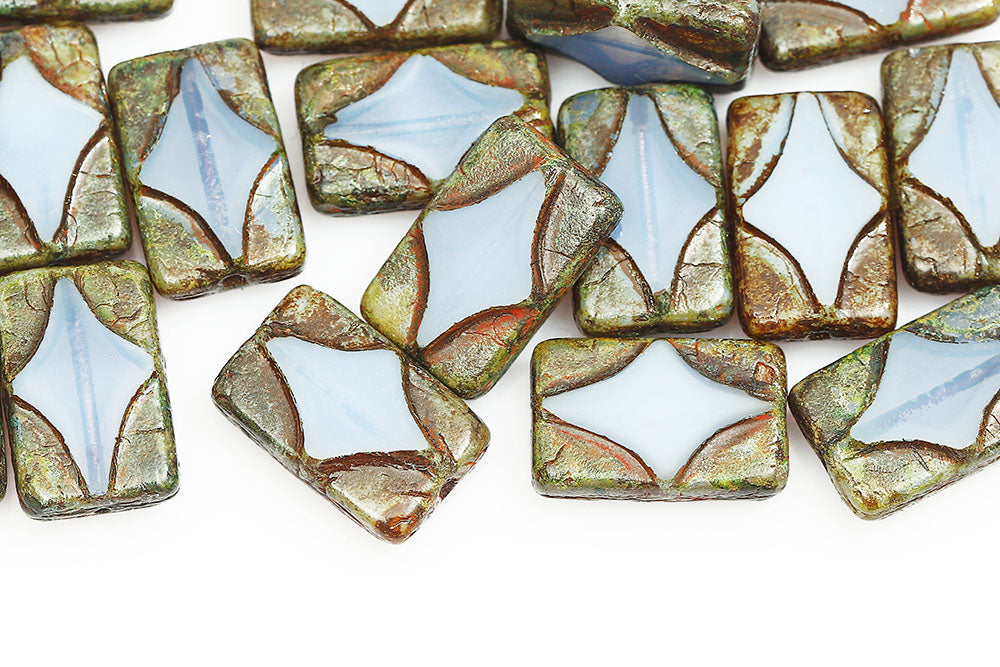 Window Rectangle 17×11mm Opal Blue Travertine 1-Hole Czech Beads