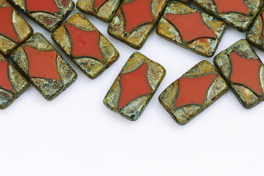 Window Rectangle 17×11mm Red Brown Travertin 1-Hole Czech Beads