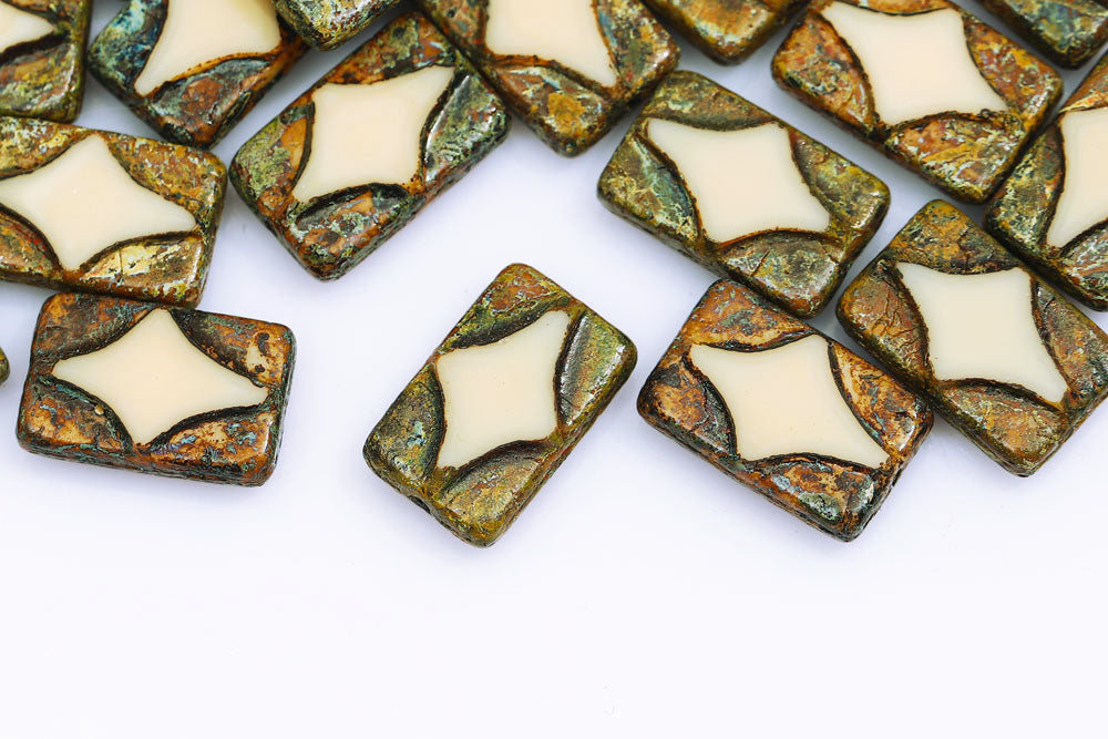 Window Rectangle 17×11mm Ivory Travertin 1-Hole Czech Beads