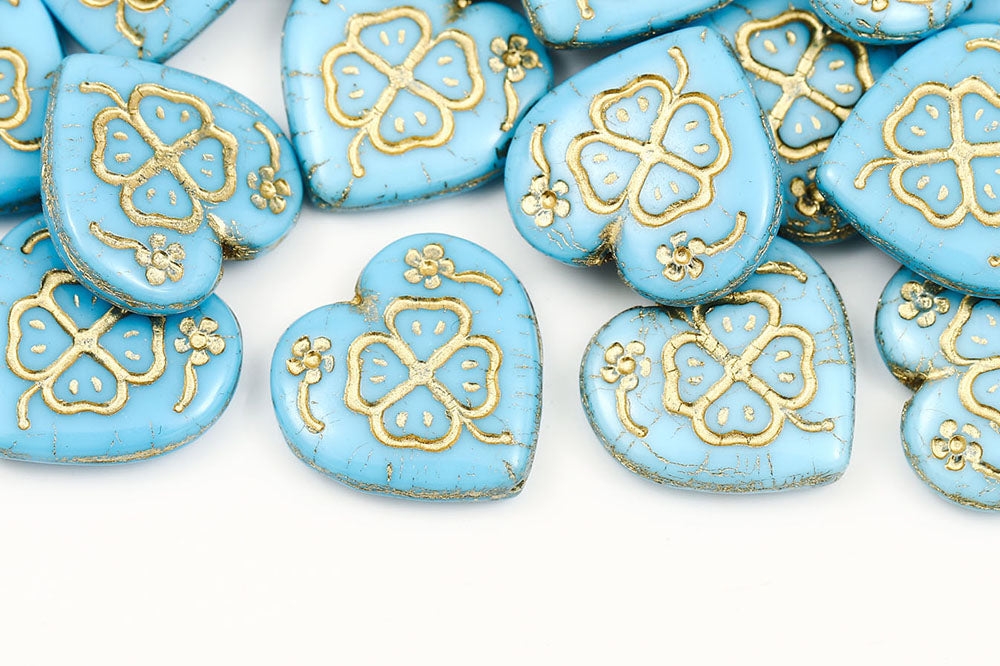Heart 20mm Turquoise Blue With Gold 1-Hole Czech Beads