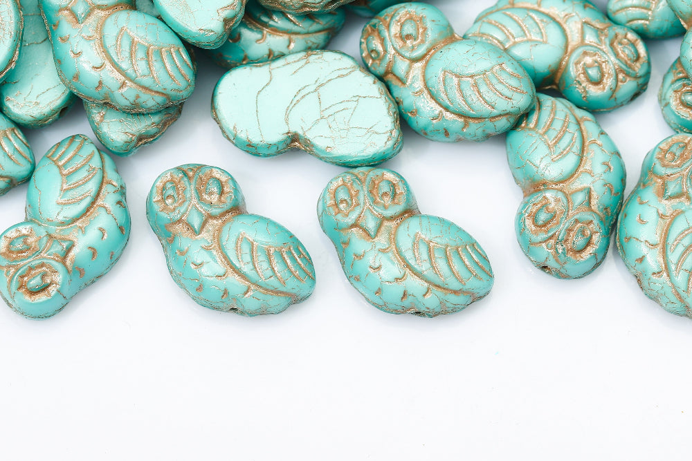 Owl 17×15mm Turquoise With Antique Gold 1-Hole Czech Beads