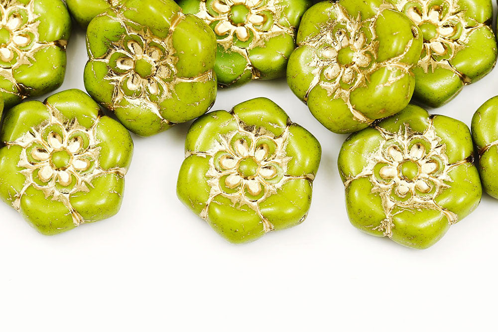 Hexagonal Flower 20mm Olivine With Gold 1-Hole Czech Beads