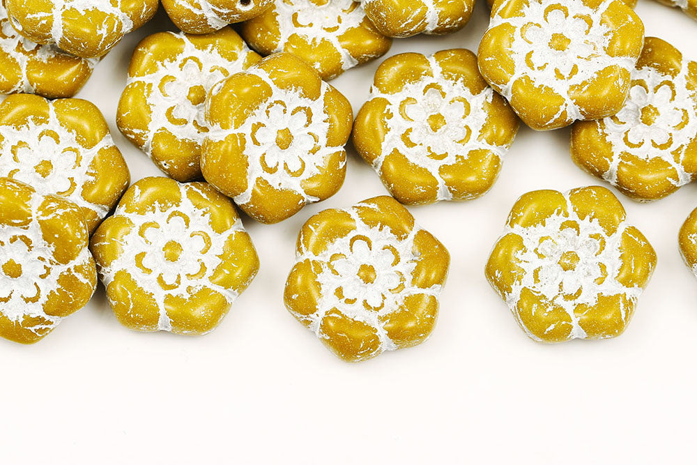 Hexagonal Flower 20mm Brown Yellow With White 1-Hole Czech Beads