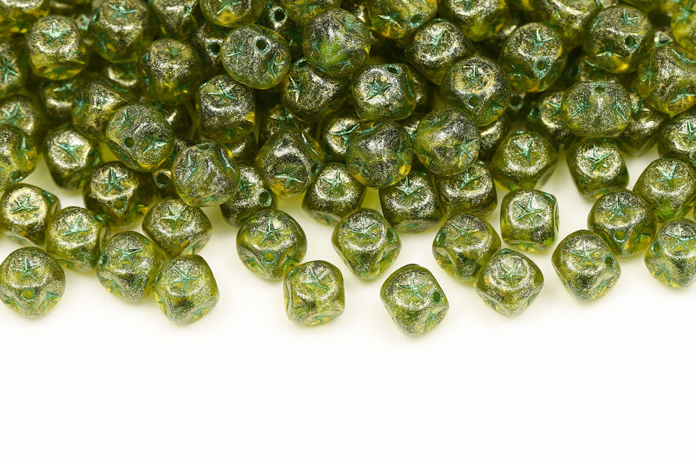 Star Cube 7×7mm Olivine Gold Finish With Green 1-Hole Czech Beads