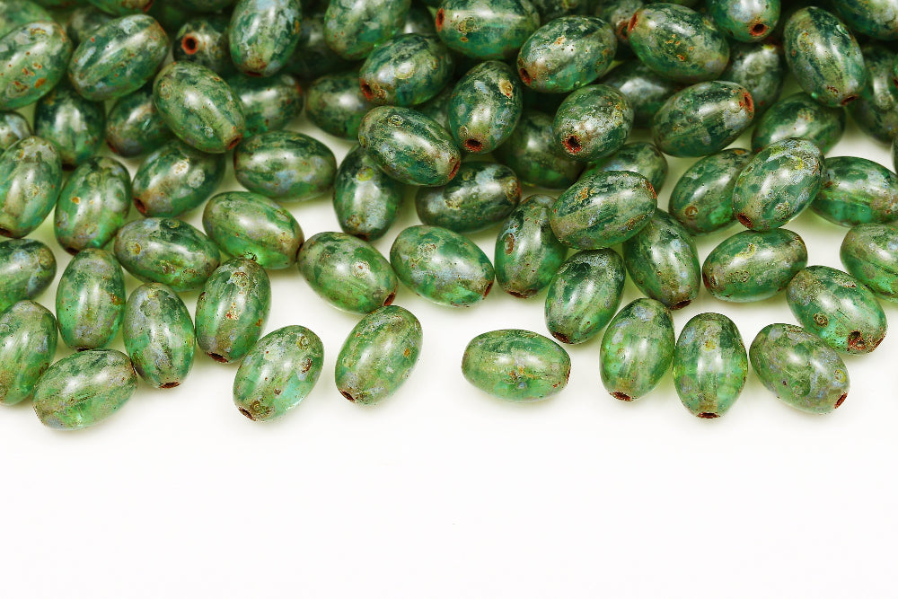Olive 9×6mm Crystal Green Blue Mixed Travertin 1-hole Czech Beads