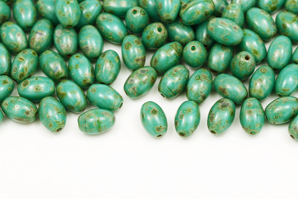 Olive 9×6mm Opaque Turquoise Green Travertin 1-hole Czech Beads