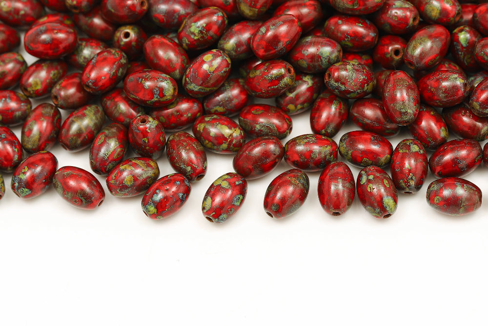 Olive 9×6mm Coral Red Travertin 1-hole Czech Beads