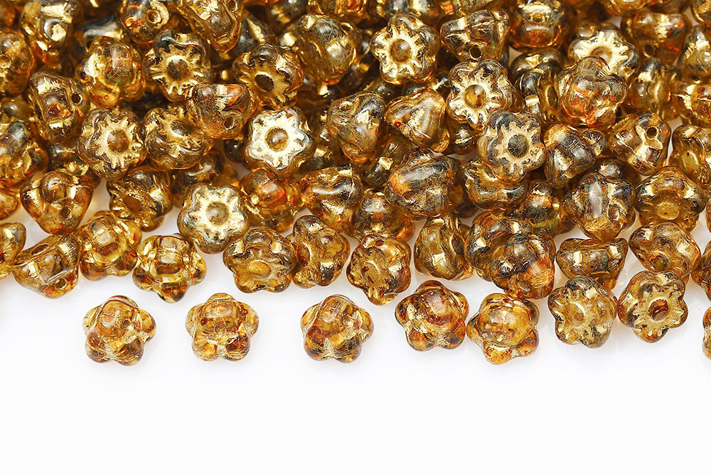 Button Flower 7mm Crystal Travertin With Gold 1-Hole Czech Beads