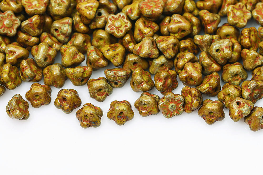 Button Flower 7mm Opaque Olivine Travertin 1-Hole Czech Beads