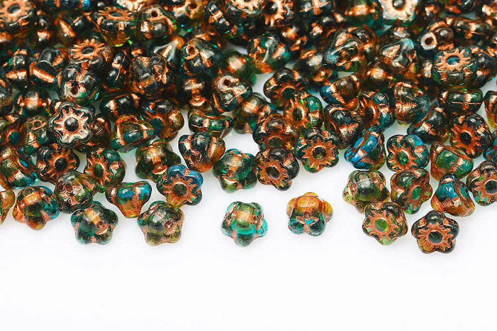 Button Flower 7mm Topaz Blue Mixed With Copper 1-Hole Czech Beads