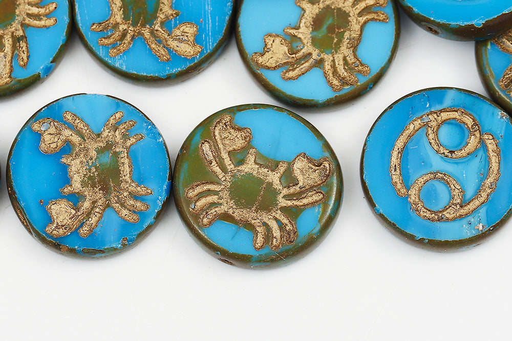 Cancer Coin 18mm Opaque Aqua Travertine With Gold 1-Hole Czech Beads