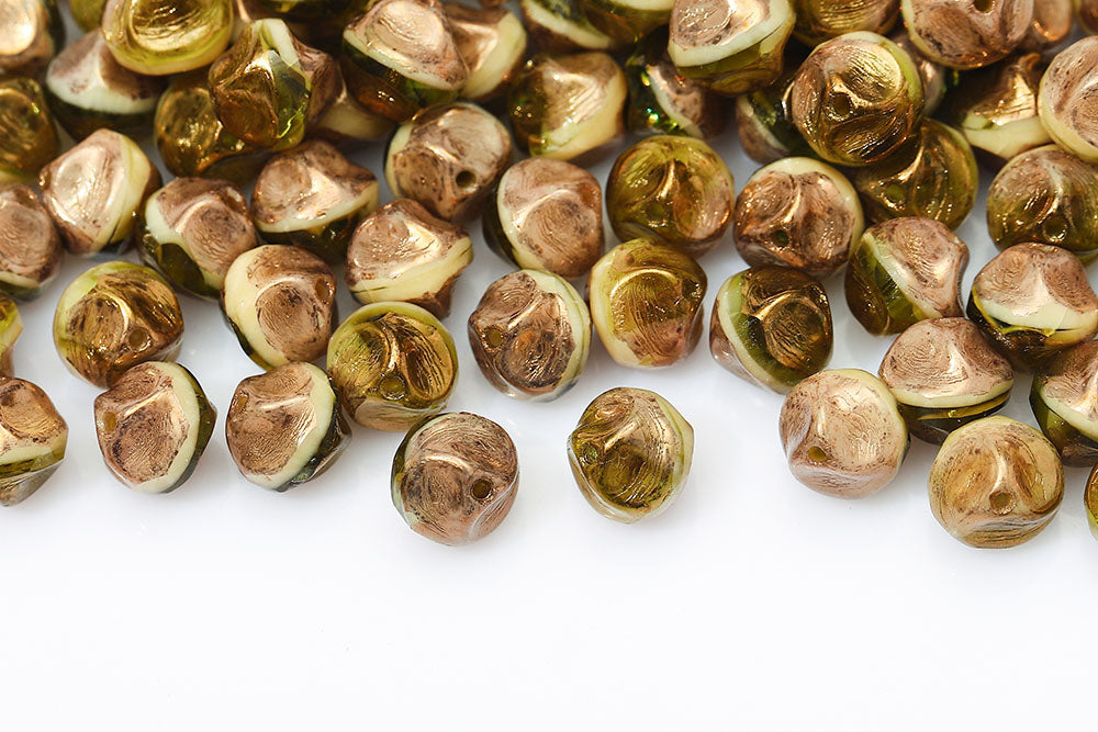 Firepolished Twisting 9mm Ivory Olivine Mixed With Gold Marble Czech Beads