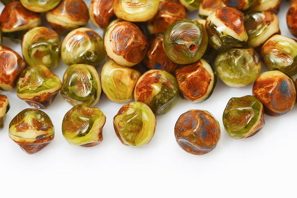 Firepolished Twisting 9mm Ivory Olivine Mixed Travertin Czech Beads