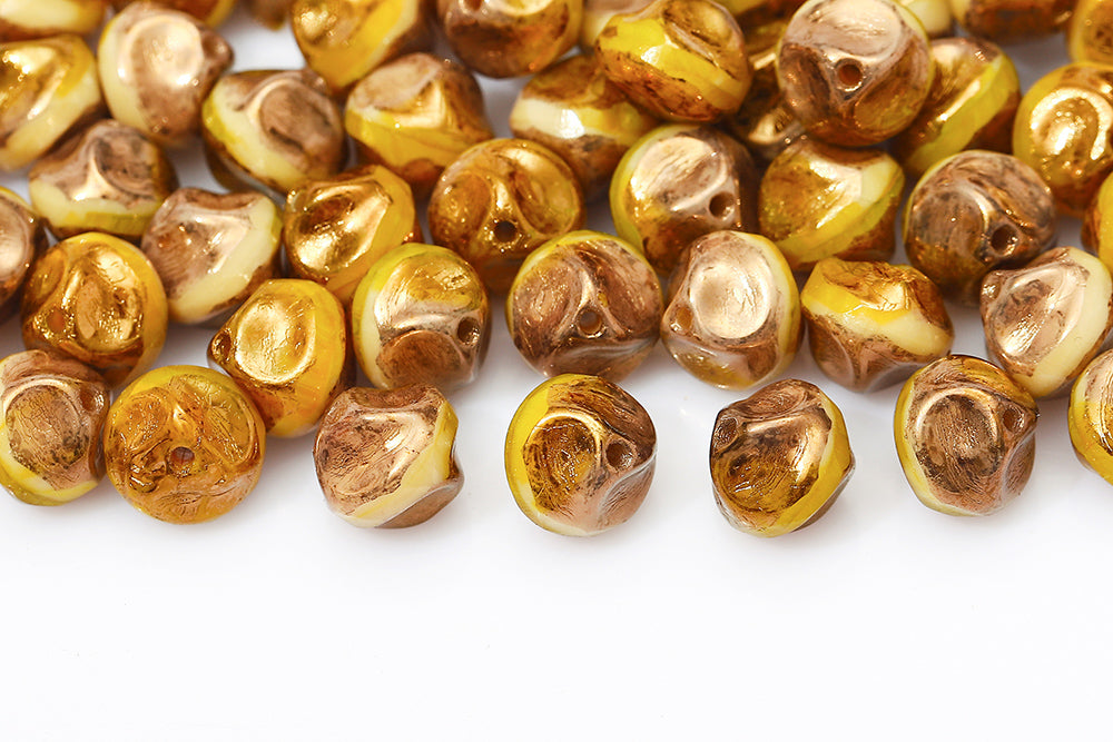 Firepolished Twisting 9mm Ivory Yellow Mixed With Gold Marble Czech Beads