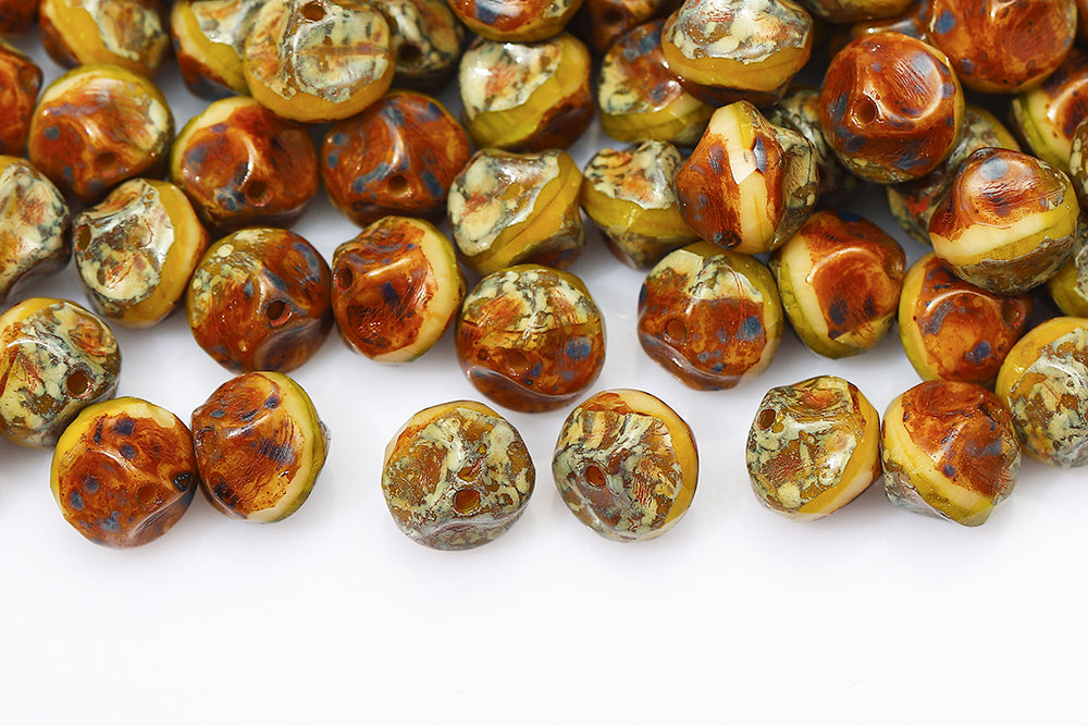 Firepolished Twisting 9mm Ivory Yellow Mixed Travertin Czech Beads