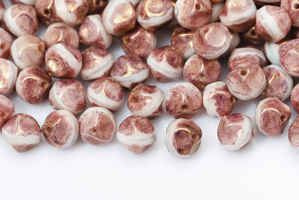 Firepolished Twisting 9mm White Purple Mixed With Gold Marble Czech Beads