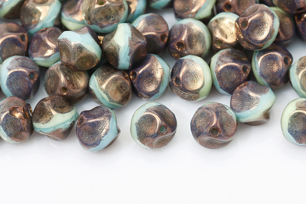 Firepolished Twisting 9mm Green Aqua Mixed Violet Luster Czech Beads