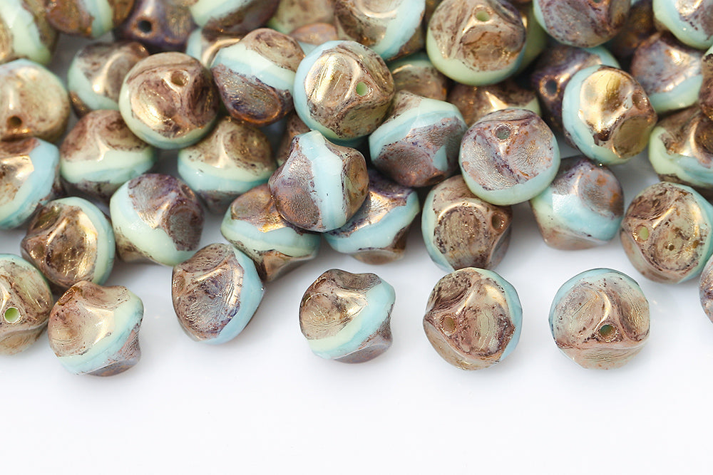 Firepolished Twisting 9mm Green Aqua Mixed With Gold Marble Czech Beads