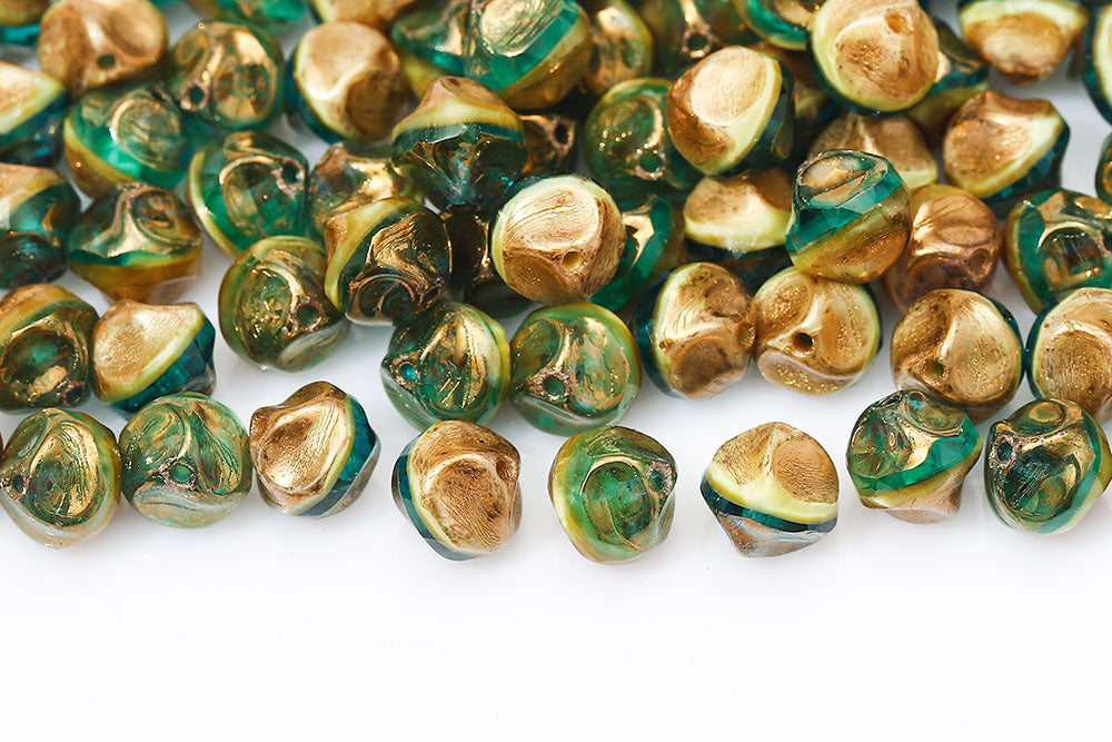 Firepolished Twisting 9mm Ivory Blue Mixed With Gold Marble Czech Beads