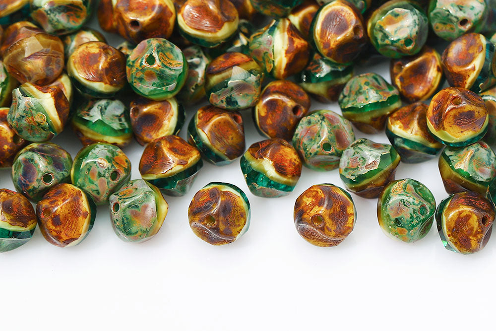 Firepolished Twisting 9mm Ivory Blue Mixed Travertin Czech Beads