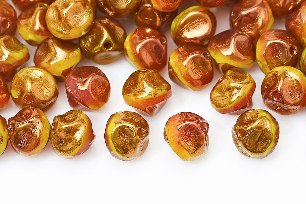 Firepolished Twisting 9mm Peach Yellow Mixed Violet Luster Czech Beads