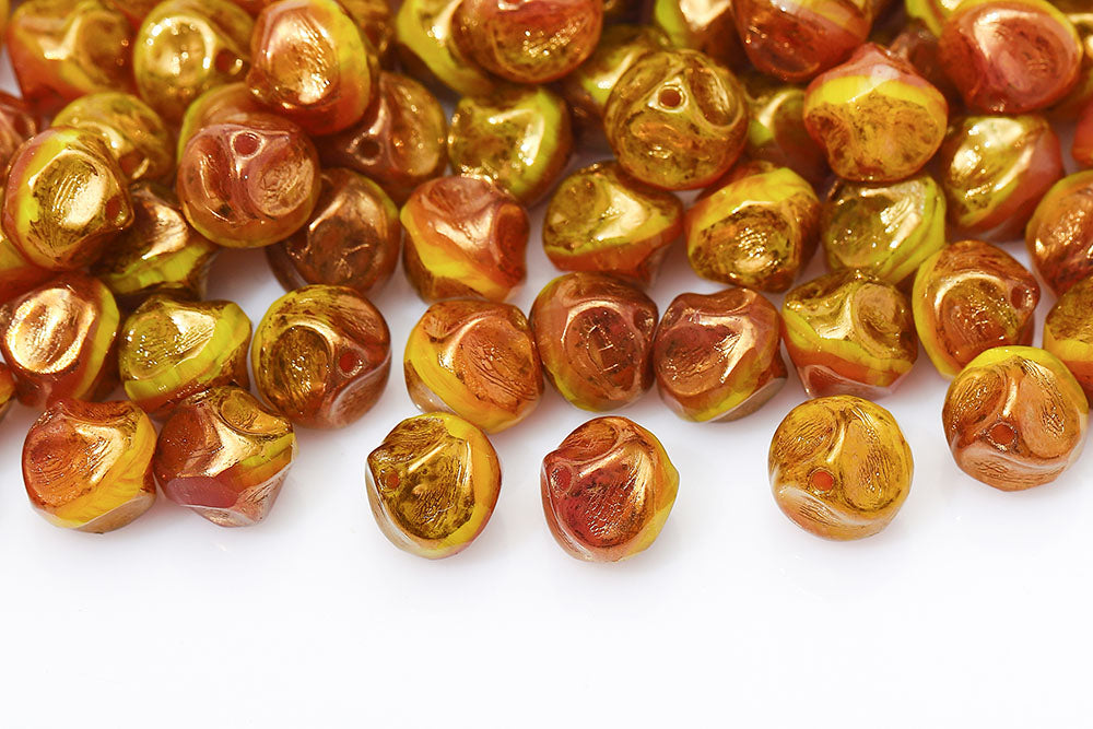 Firepolished Twisting 9mm Peach Yellow Mixed With Gold Marble Czech Beads