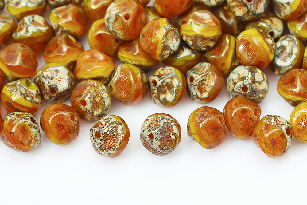 Firepolished Twisting 9mm Peach Yellow Mixed Travertin Czech Beads