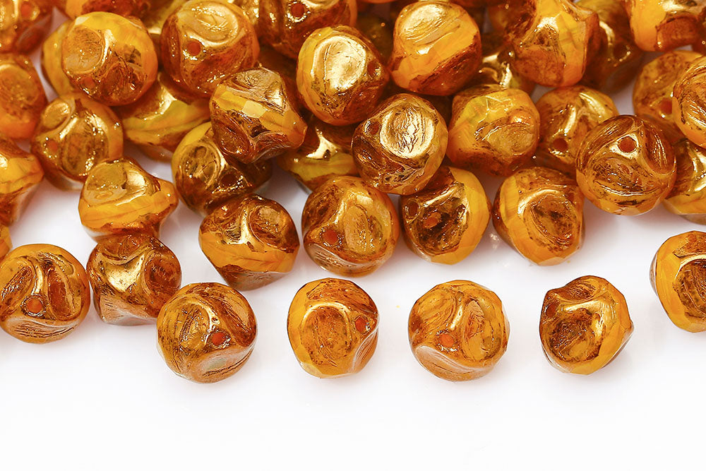 Firepolished Twisting 9mm Opal Orange With Gold Marble Czech Beads