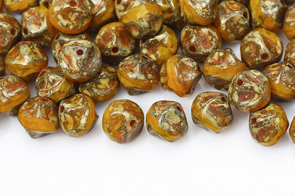 Firepolished Twisting 9mm Opal Orange Travertin Czech Beads