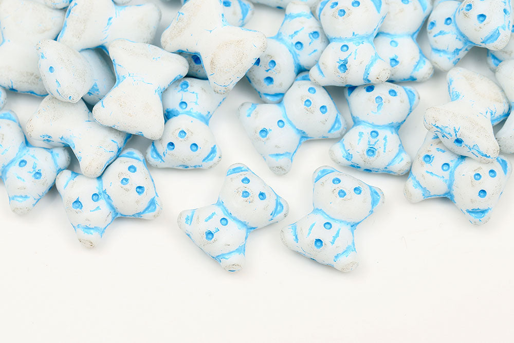Teddy Bear 20×9mm Chalk Matt With Blue 1-Hole Czech Beads
