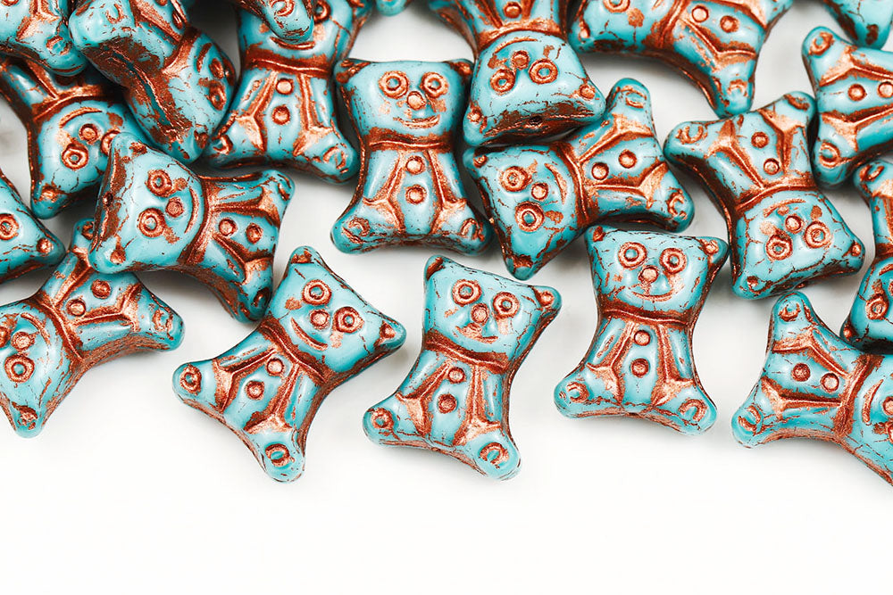 Teddy Bear 17×14mm Silk Cyan With Copper 1-Hole Czech Bead